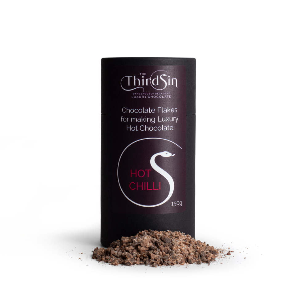 Black cylindrical container of 'Hot Chilli' chocolate flakes from 'The Third Sin' on a white background.