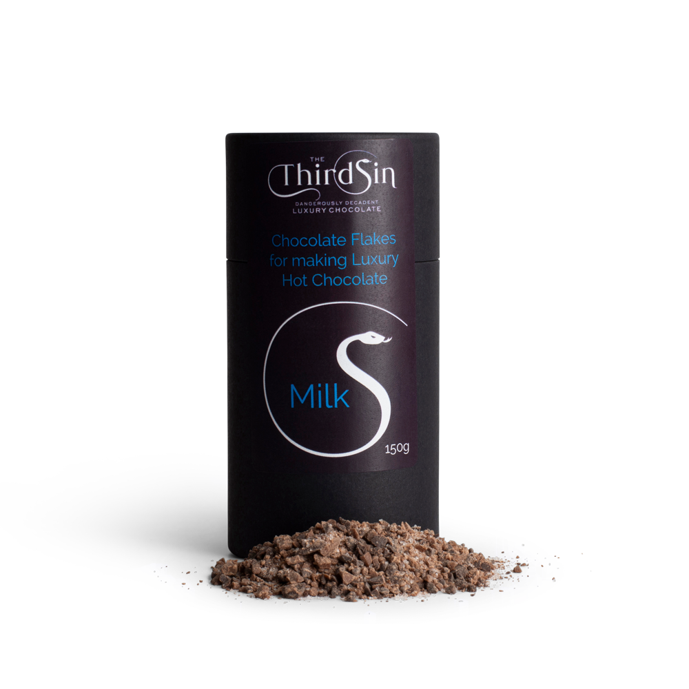 Container of 'The Third Sin' milk chocolate flakes on a white background